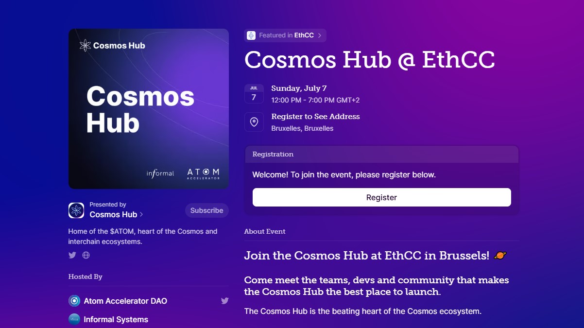 Come join us at the Cosmos Hub @ EthCC event in Brussels this Sunday, where we will co-host 2 workshops! Get excited for a day full of keynotes, workshops, pitches, networking and socializing!
